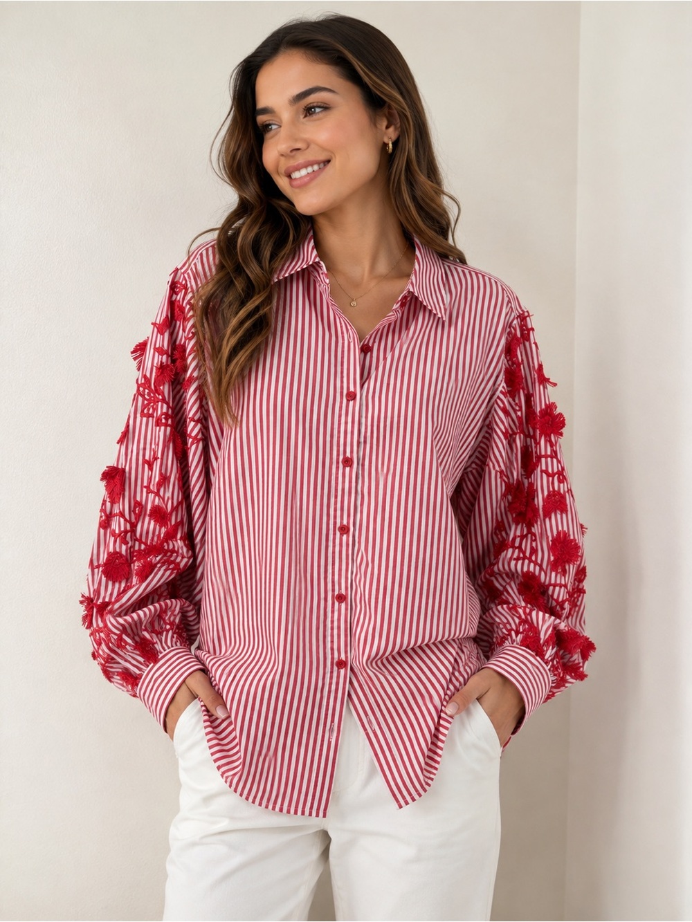Chico's Red and White Striped Shirt with Embroidered Puff Sleeves 🥯Size 3 (16)